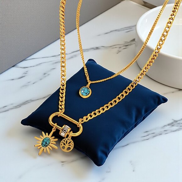 🆕️18K Gold Plated Turquoise Layered Necklace with Charms Sparkling Zirconia - Picture 8 of 10